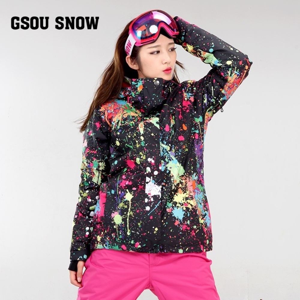 Gsou Snow Black Multi Paint Splatter Ski Snowboard Jacket Hooded Size Small